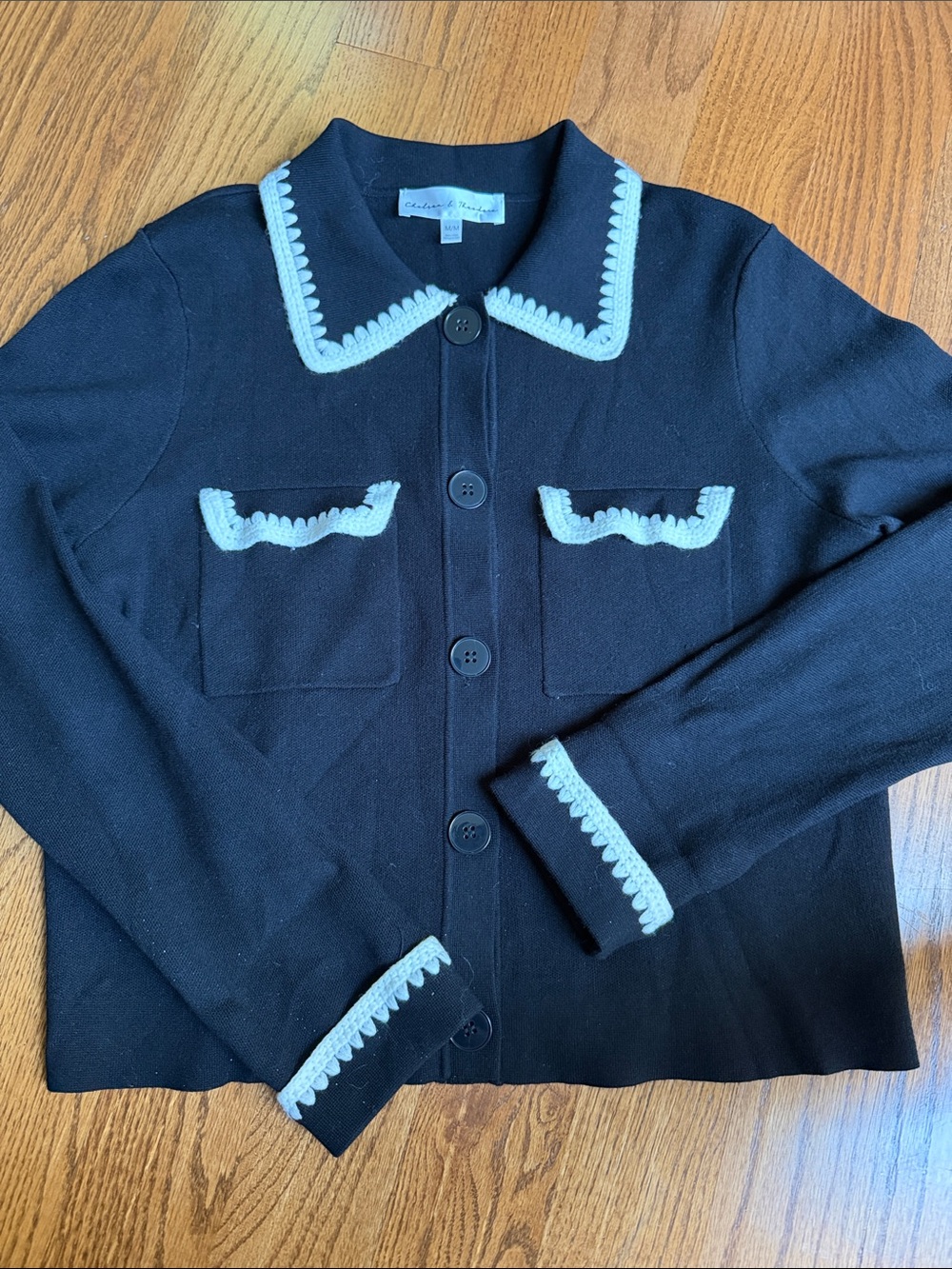 Chelsea & Theodore Black Cardigan with Cream crocheted Trim - size M
